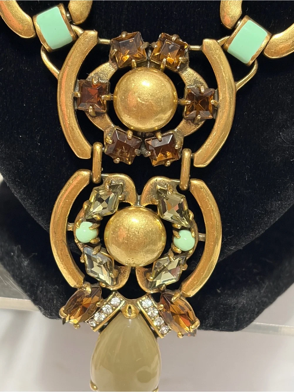 Stella & Dot Necklace Livvy Agate Green Brown Rhinestones Gold Tone Chain 24”